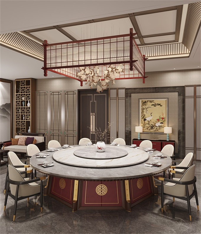 酒店會所新中式大理石臺面電動餐桌