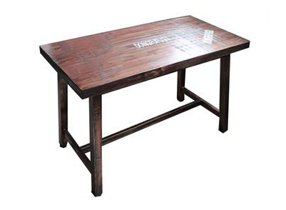 實木古銅色工業復古餐桌_厚重鐵管桌腳銅釘貼破