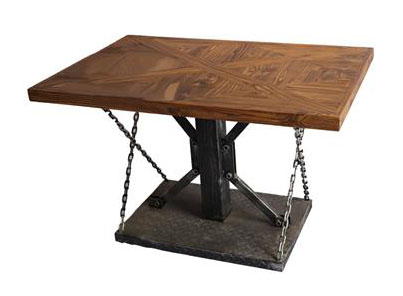 長方形工業鐵藝_實木桌面米子結構餐桌_鎖鏈拉桌